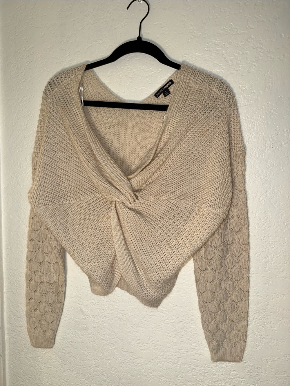Fashion Nova Cream Twist-Front Off-the-Shoulder Sweater